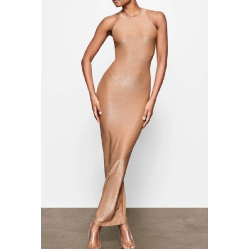 SKIMS Shimmer Racerback Tank Slip Dress In Ochre Nude XS